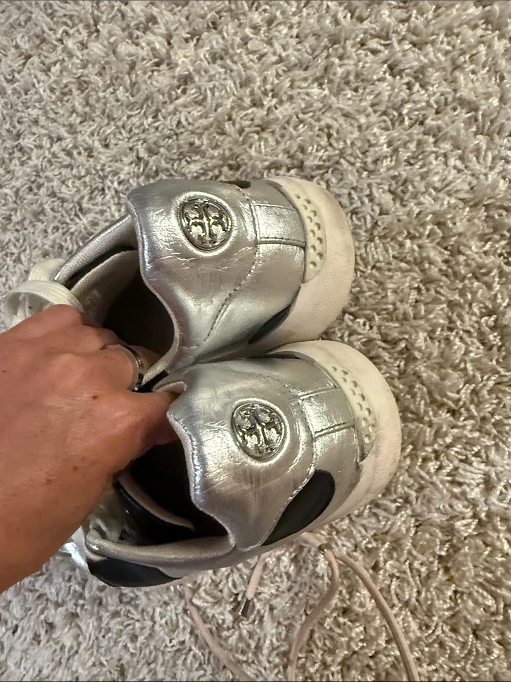 Tory Burch Silver Leather Sneakers with Black Accents 7